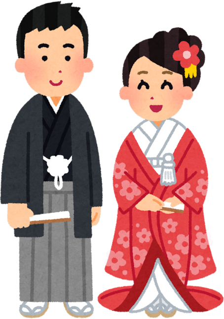 Illustration of a Bride and Groom in Traditional Japanese Wedding Attire